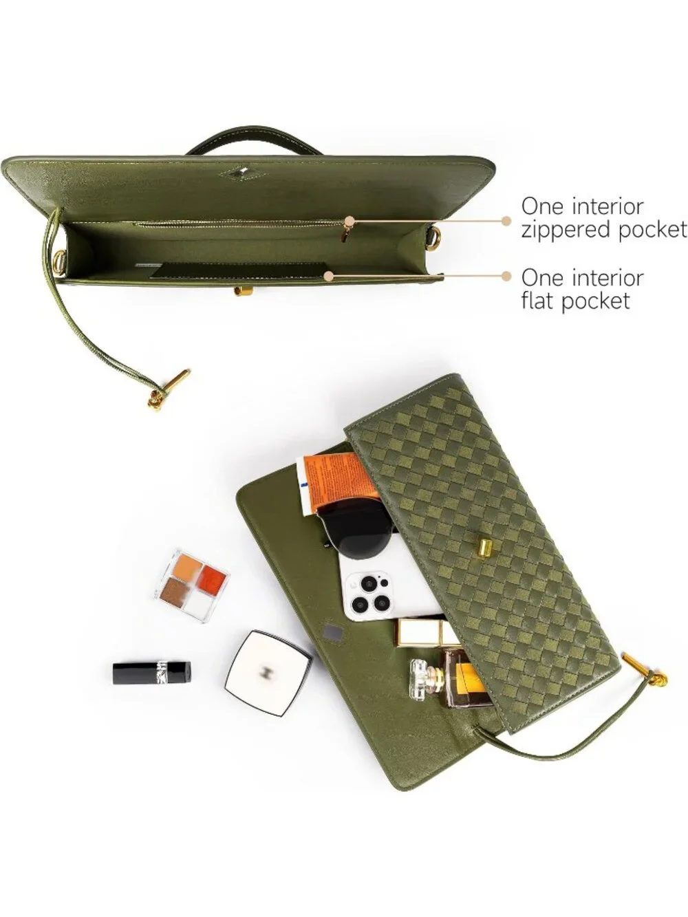 Women Olive Woven Leather Suede Woven Clutch Purse For Evening Crossbody Bag